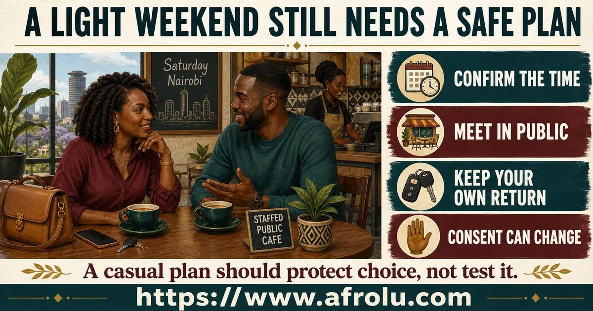 Two Black adults meet at a staffed Nairobi cafe beside four weekend casual dating safety steps.