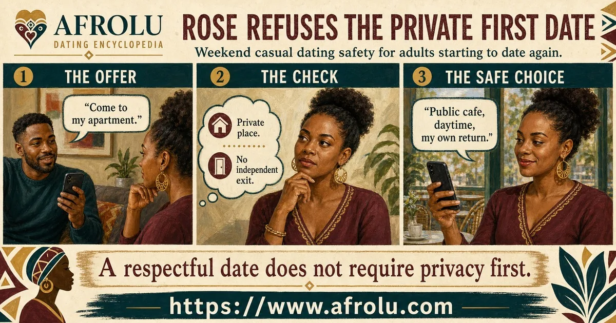 Rose declines a private first date and proposes a public daytime cafe with her own return.