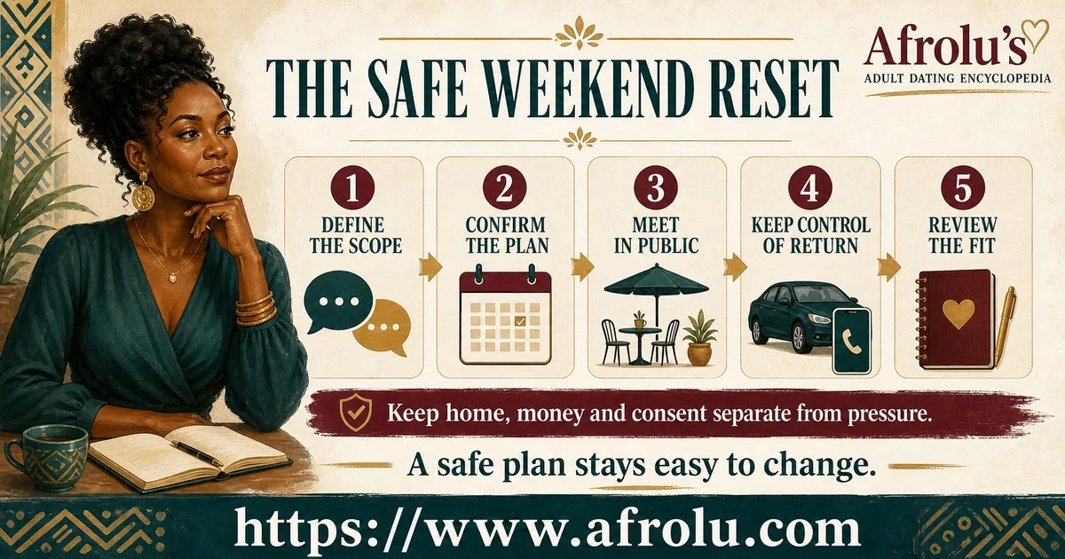 A five-step safe weekend reset moves from defining scope to reviewing fit.
