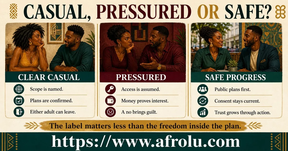 Three illustrated columns compare clear casual dating, pressured dating, and safe progress.