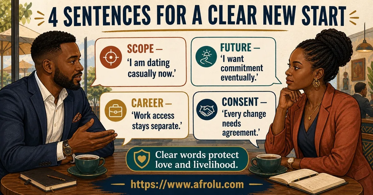 Two adult Black African professionals use four sentences to name scope, future intent, career separation, and consent.