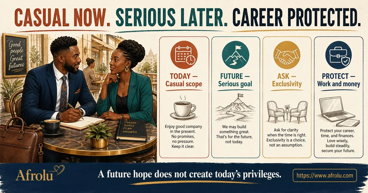 Two adult Black African professionals separate today’s casual scope from a serious future goal while protecting work and money.