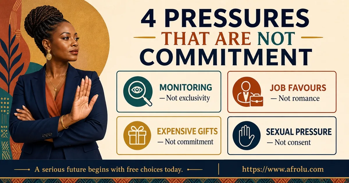 An adult Black African professional identifies monitoring, job favours, expensive gifts, and sexual pressure as false signs of commitment.