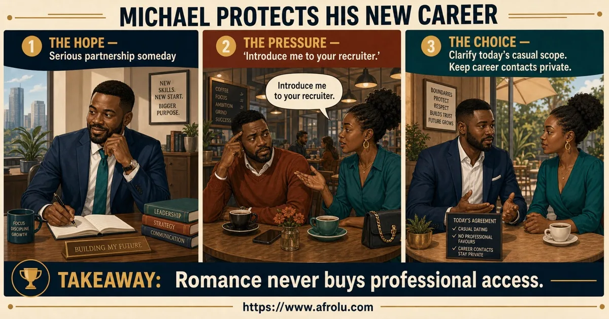 Three panels show Michael naming serious future hope, refusing a recruiter-access request, and protecting his new career.