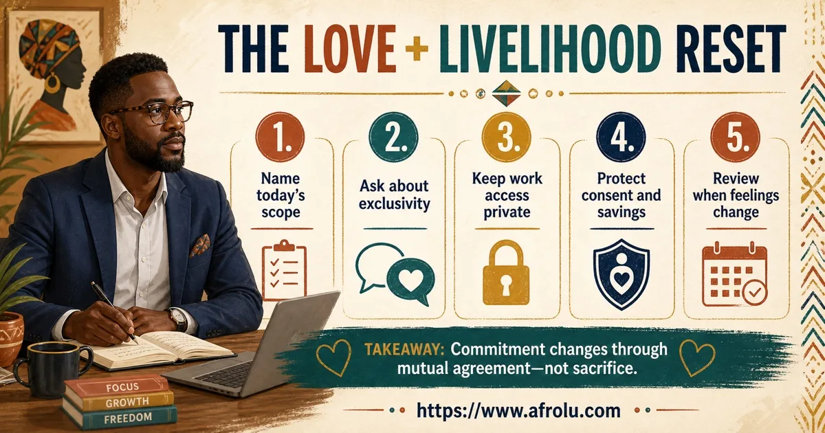 An adult Black African professional follows five steps to protect love, consent, savings, and a new career.