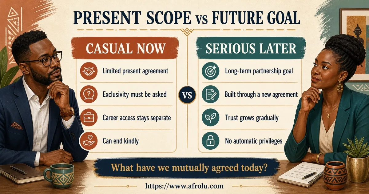Two adult Black African professionals compare a limited casual agreement today with a serious partnership goal for later.