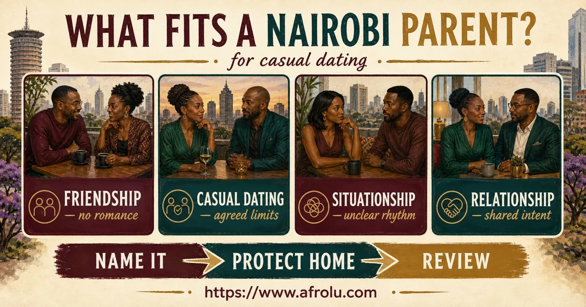 Four cards compare friendship, casual dating, a situationship and a relationship.