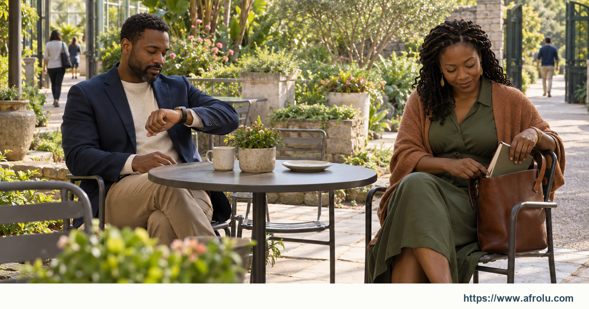 Two adults on a public garden café terrace choose a clear weekend plan without exposing family life.