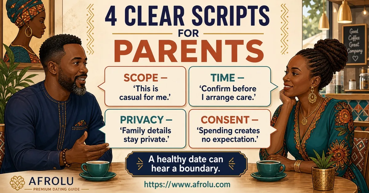 Two adult Black African parents use clear scripts for casual scope, care timing, family privacy, and consent.