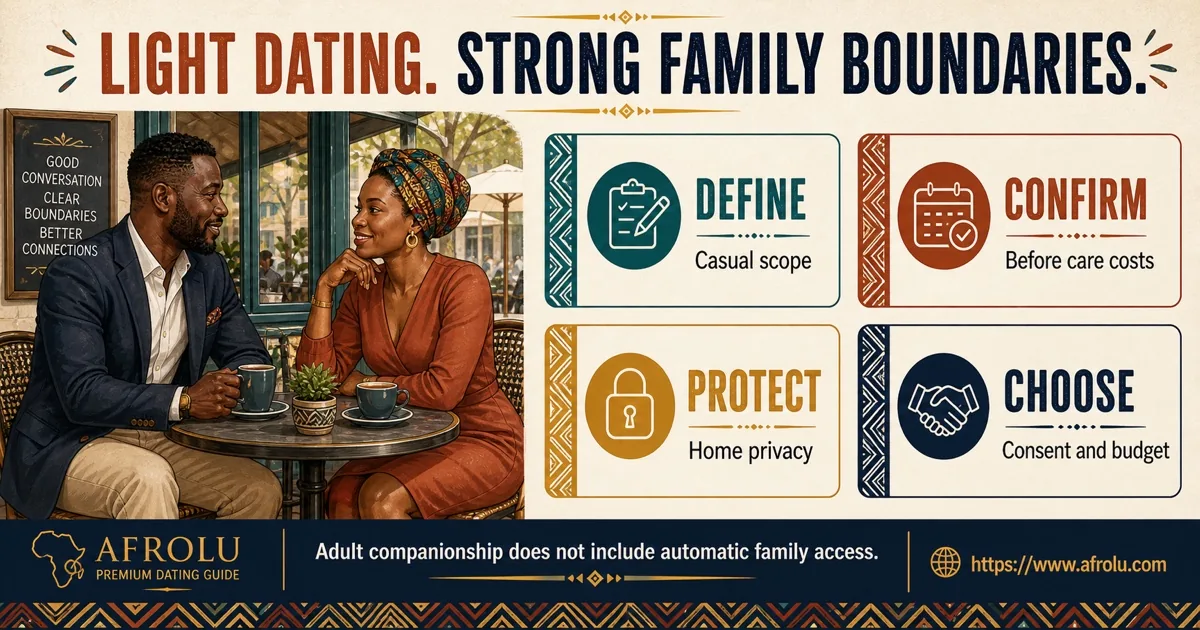 Two adult Black African parents define casual scope while protecting care costs, home privacy, consent, and household money.