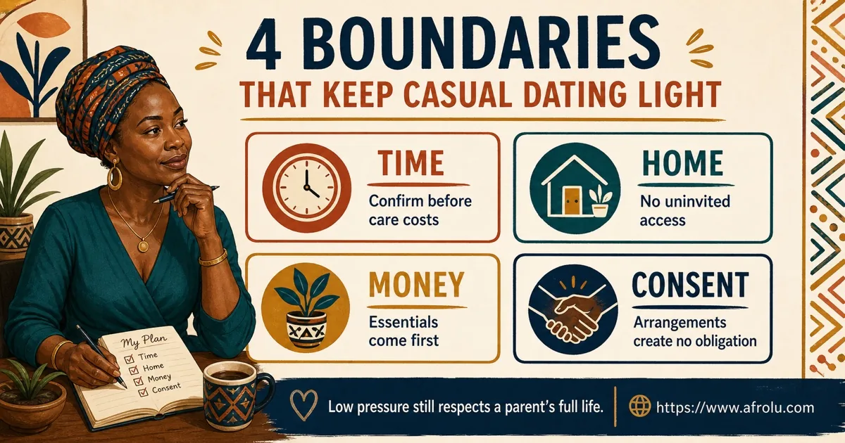 An adult Black African parent reviews time, home, money, and consent boundaries for low-pressure casual dating.