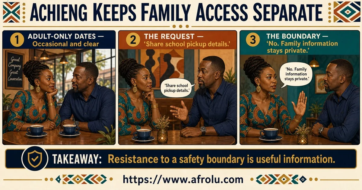 Adult-only panels show Achieng declining Mark’s request for school pickup details and keeping family information private.