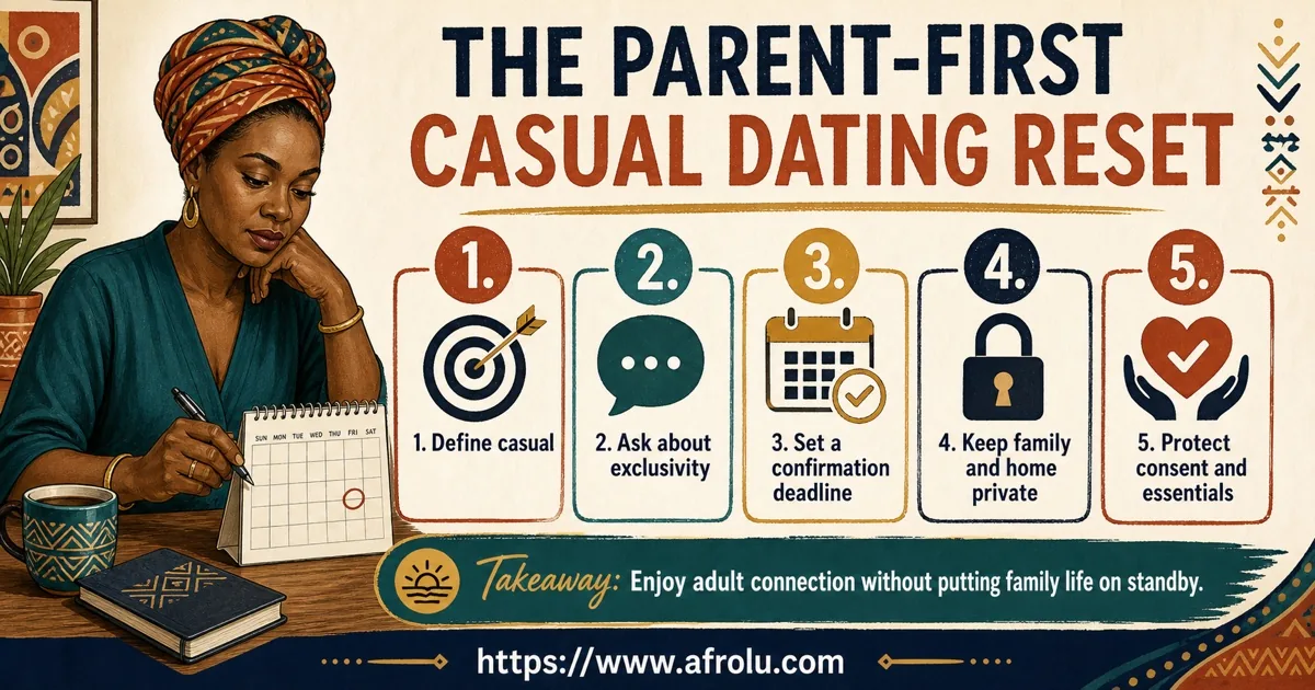 An adult Black African parent follows five steps for casual scope, exclusivity, confirmation, privacy, consent, and essentials.