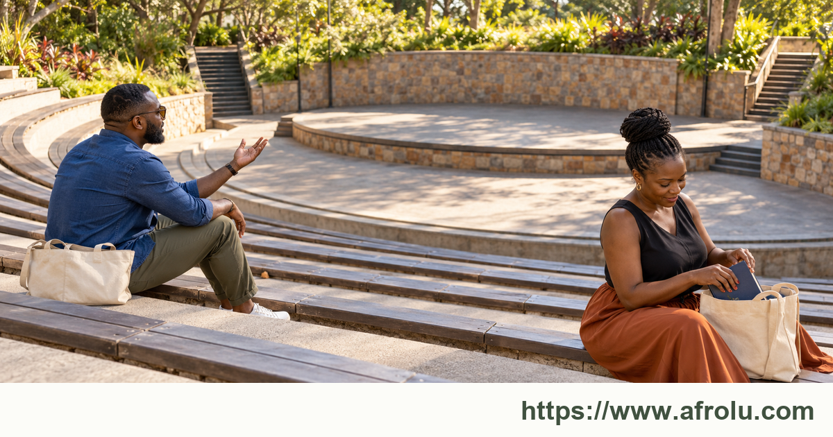 Two adults consider a short daytime activity in a public arts courtyard with separate bags and open paths.