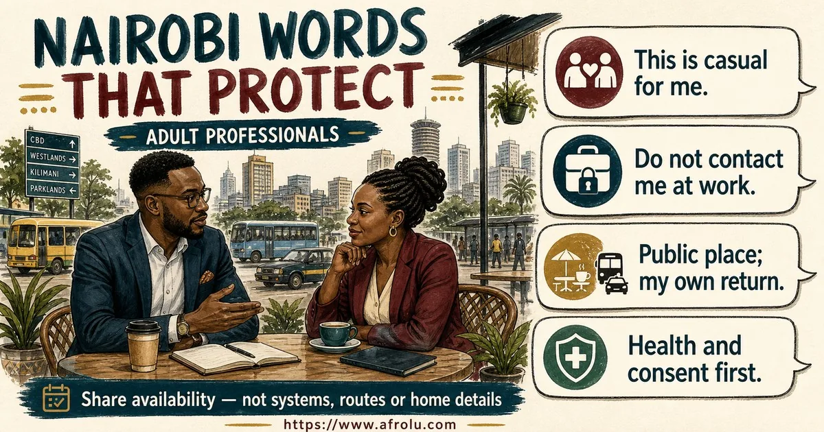 Two Black African adult professionals define casual scope, ban workplace contact, choose a public meeting and independent return, and put health and consent first.