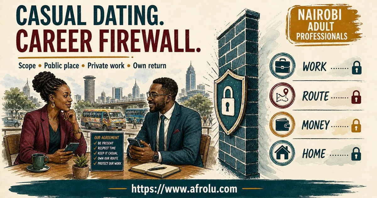 Two Black African adult professionals define casual scope at a public Nairobi cafe while keeping work, route, money and home private.