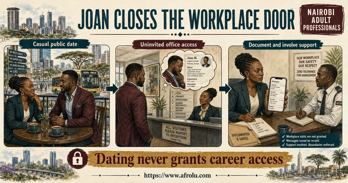 Joan and Samuel meet publicly in Nairobi, then Joan documents an uninvited office visit and involves appropriate workplace support.