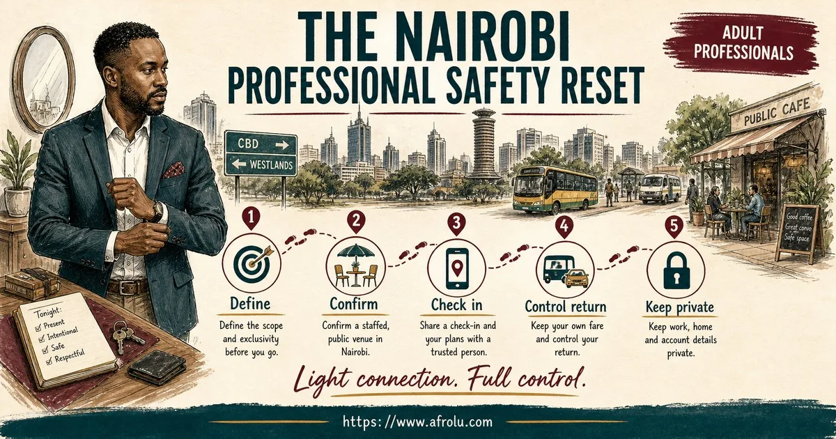 An adult Nairobi professional defines scope, confirms a public venue, checks in, controls return and keeps work and home private.