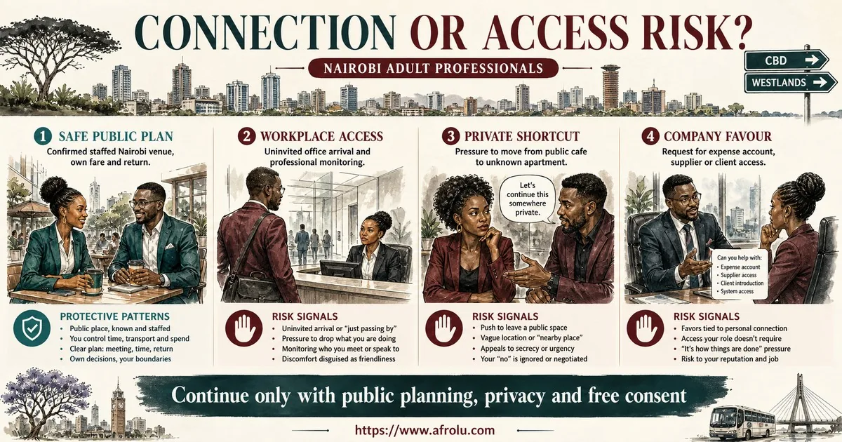 Adult Nairobi professionals compare a safe public plan with workplace access, private shortcuts and company favour requests.