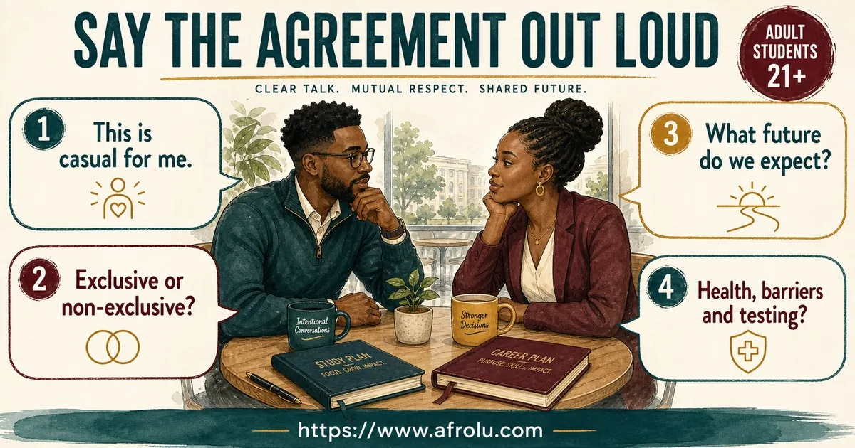 Two Black African adult students aged 21+ discuss casual scope, exclusivity, future intent and sexual health directly.