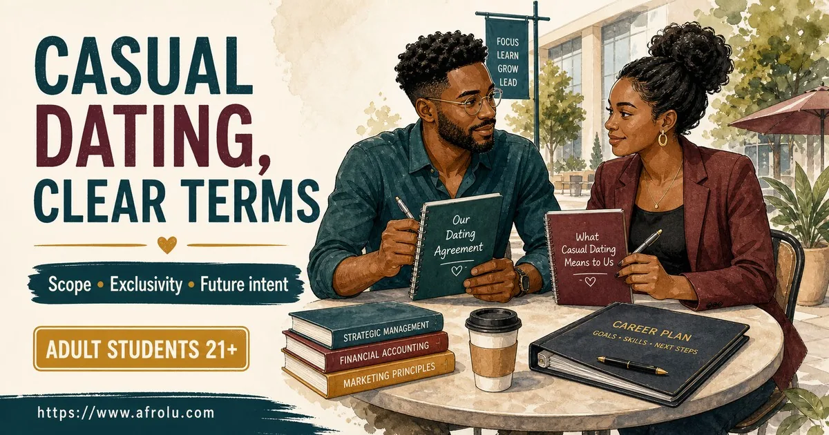 Two Black African adult students aged 21+ define casual scope, exclusivity and future intent while keeping study and career plans separate.