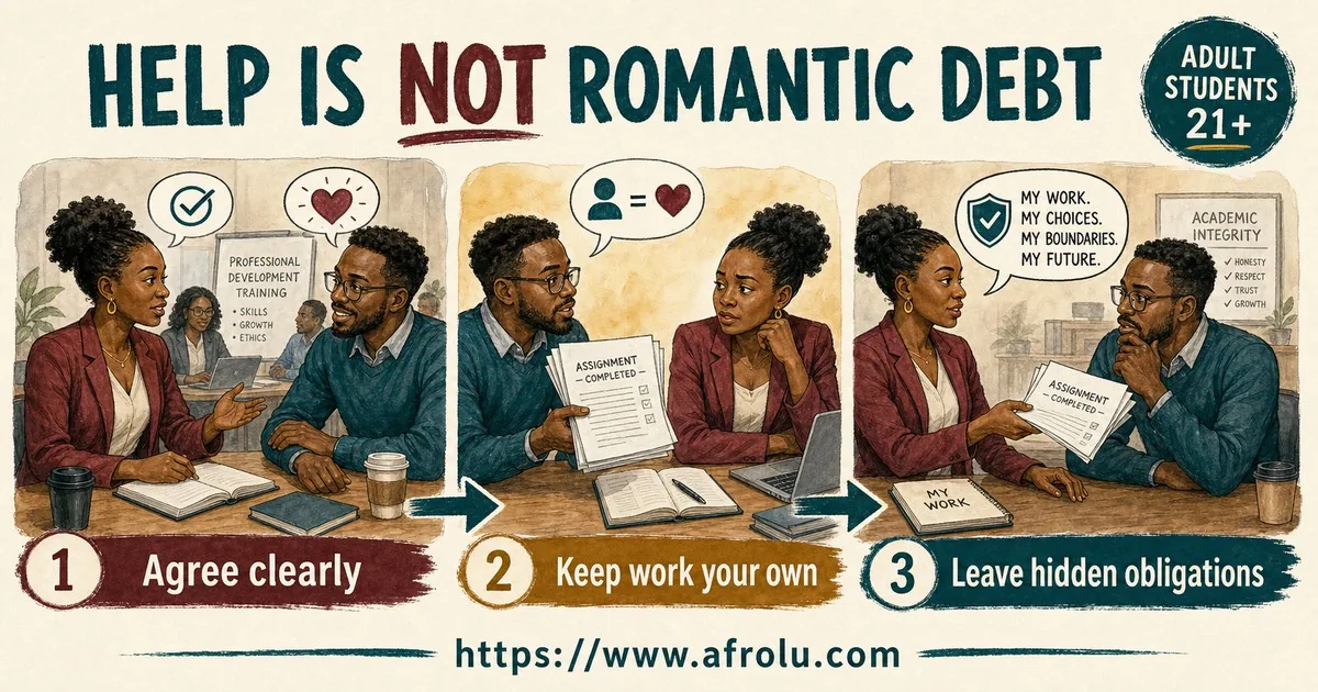 Neema and Kevin, Black African adult students aged 21+, agree clearly, reject completed coursework as romantic leverage and leave hidden obligations.