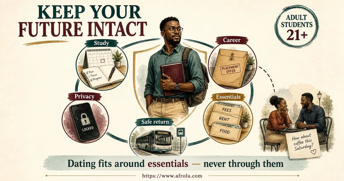 A Black African adult student aged 21+ protects study, career, privacy, essential money and safe return while dating fits around those priorities.