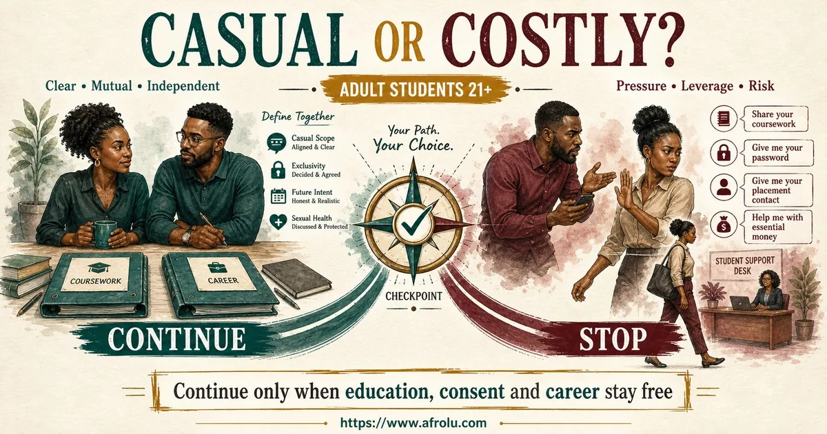 Black African adult students aged 21+ compare clear mutual independent dating with pressure, leverage and risk, choosing to stop when education, consent or career is threatened.