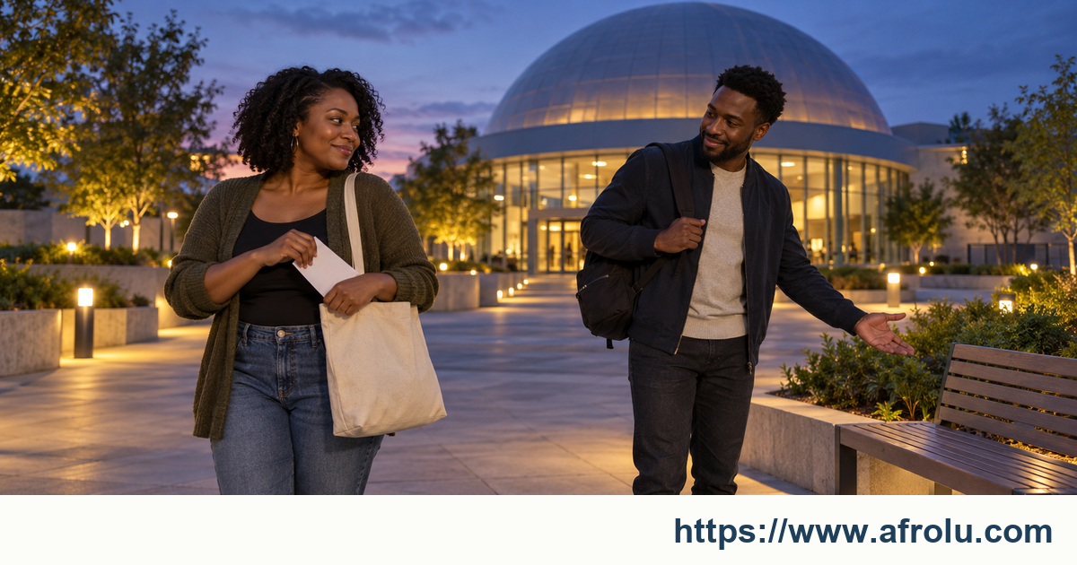 Two adults leave an adult skills workshop with separate bags and open routes through a public courtyard.