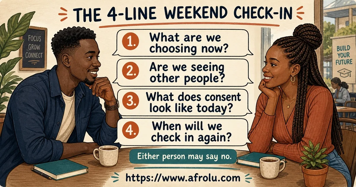 Two adult Black African students use four direct questions to discuss structure, exclusivity, consent, and a future check-in.