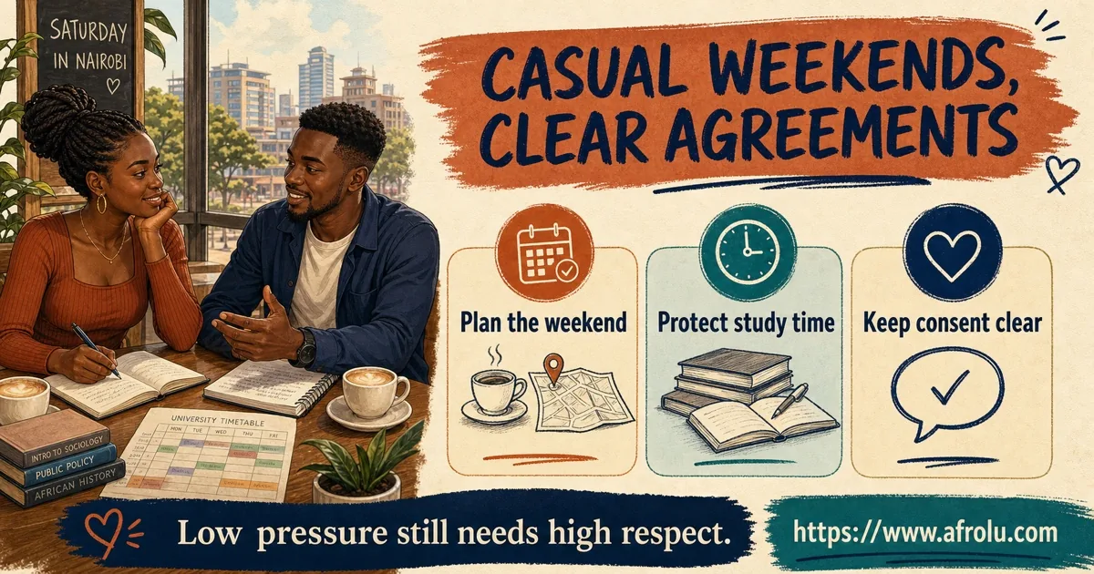 Two adult Black African university students plan a clear casual weekend date while protecting study time and consent.