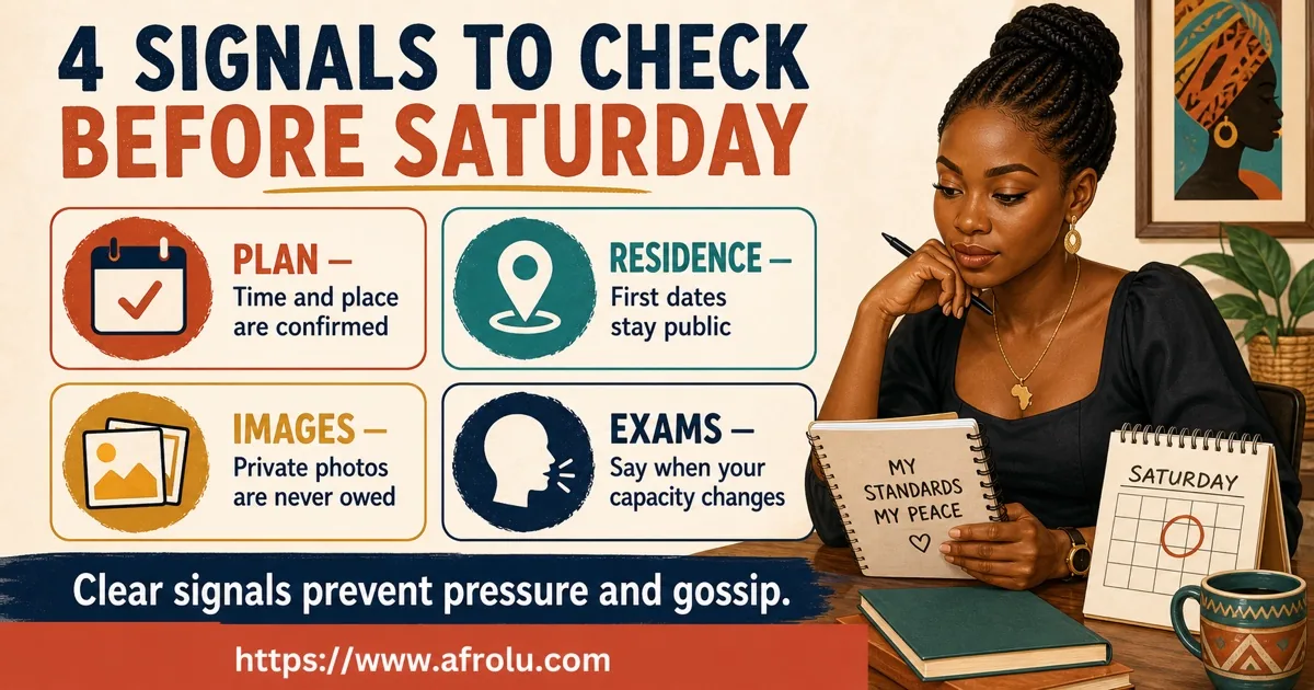 An adult Black African student checks four signals about weekend plans, public meetings, private images, and exam capacity.
