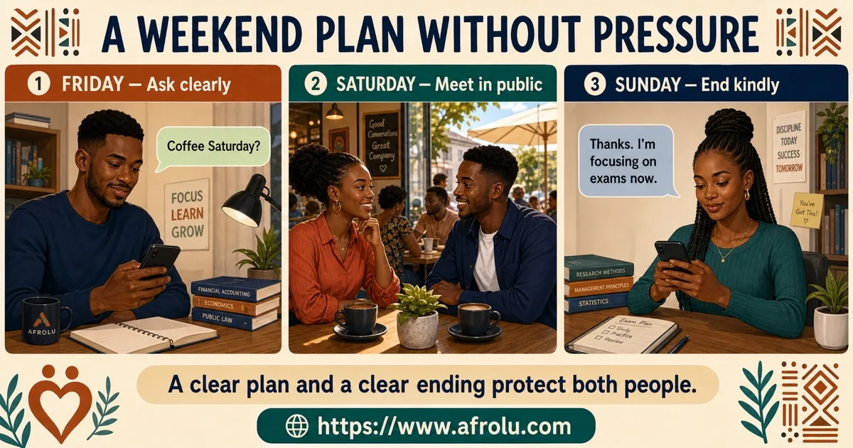 Three panels show adult students asking clearly on Friday, meeting publicly on Saturday, and ending kindly on Sunday.