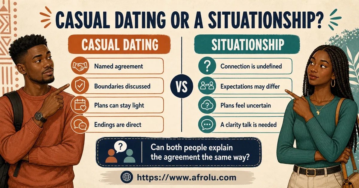 Two adult Black African students compare named casual dating agreements with the uncertainty of a situationship.