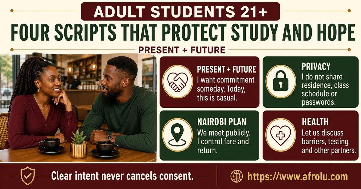 Nairobi adult students aged 21+ use clear scripts for present scope, study privacy, public meetings, and informed health consent.