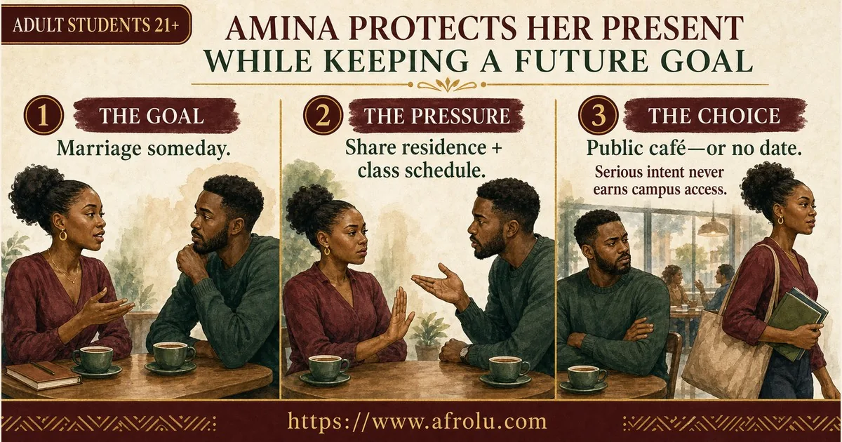 Adult student Amina refuses demands for residence and class access, offering a public café or no date.
