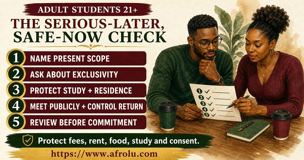 Five steps help adult Nairobi students define scope, ask about exclusivity, protect study and residence, meet publicly, and review before commitment.
