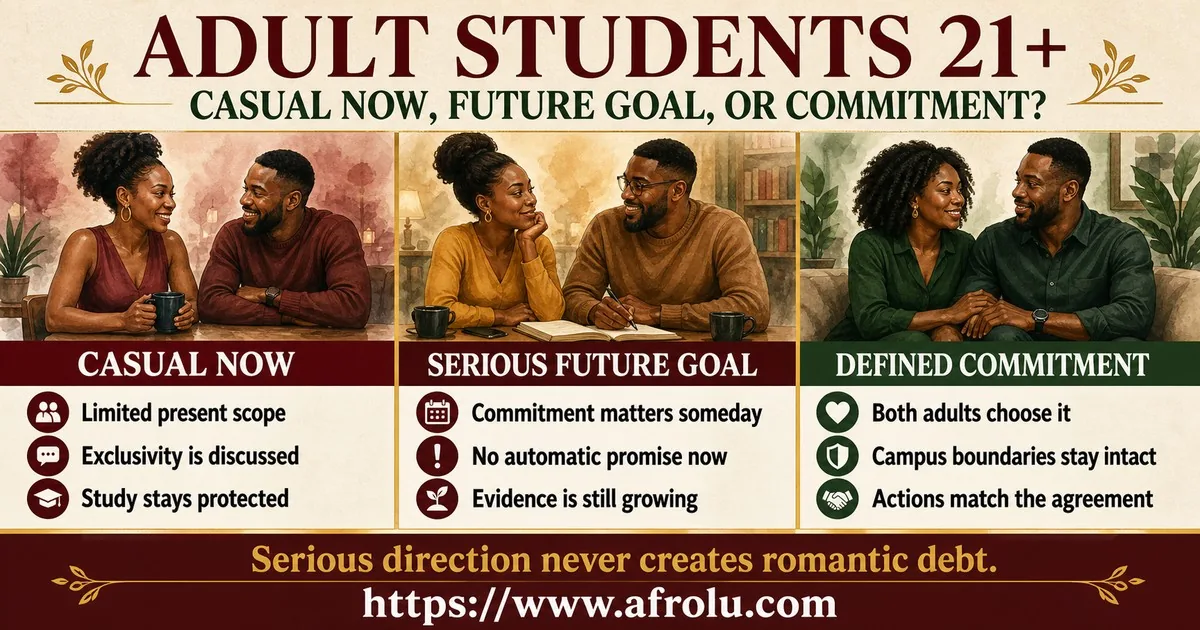Three columns help adult students aged 21+ distinguish casual dating now, a serious future goal, and defined commitment.