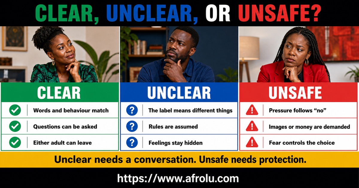 Clear unclear and unsafe casual dating signals arranged as a three-column decision board