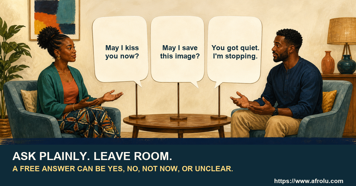 Two adults use three short consent scripts while seated apart in a calm room.