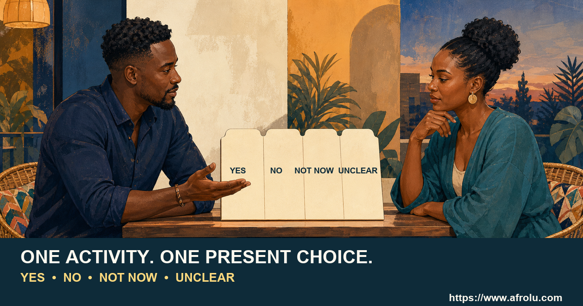 Two Black African adults at a cafe use a four-answer One-Choice Card before any touch.