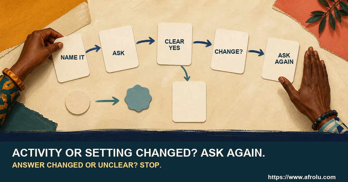 Two adult hands follow a choice path that stops and checks again after the activity changes.