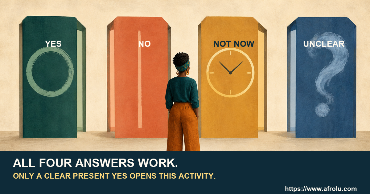 Four equal answer panels show yes, no, not now, and unclear as usable adult choices.