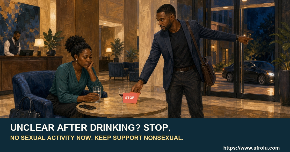 Two adults in a public lounge pause after drinking and protect a safe nonsexual exit.