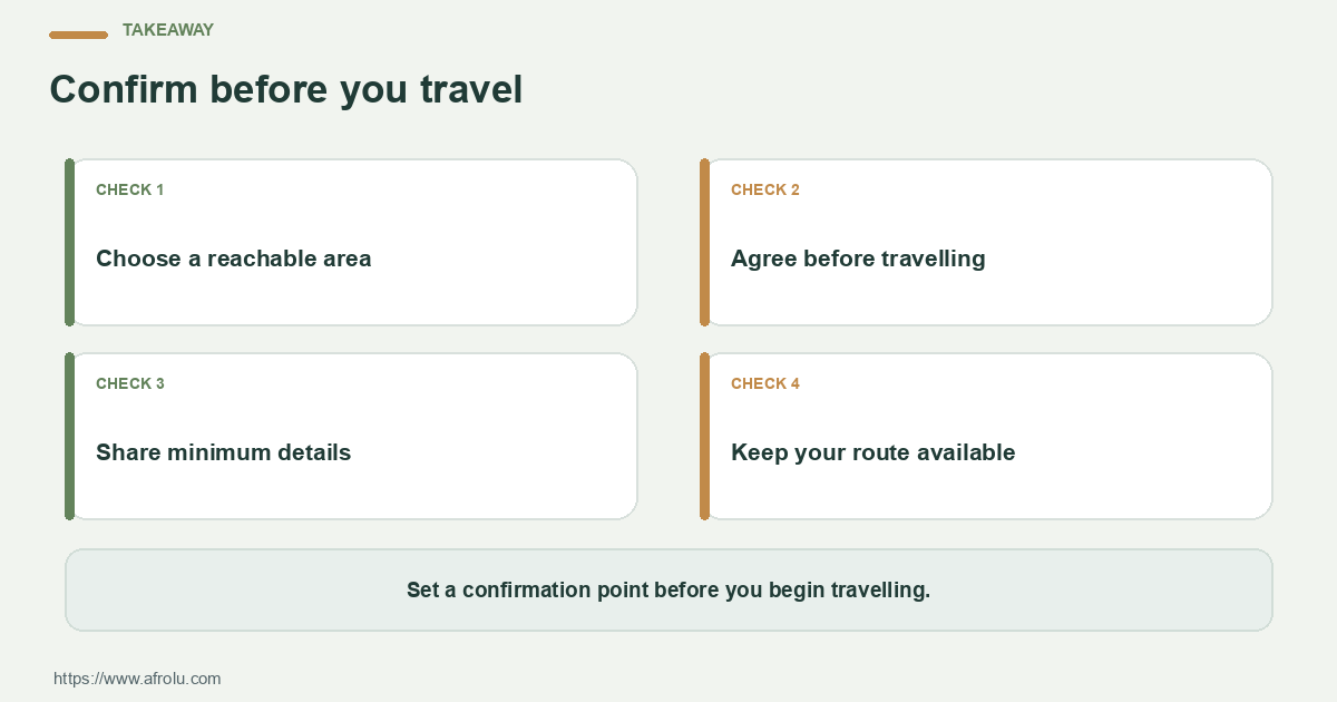 Takeaway for diaspora clarity nairobi: Choose a reachable area; Agree before travelling; Share minimum details.