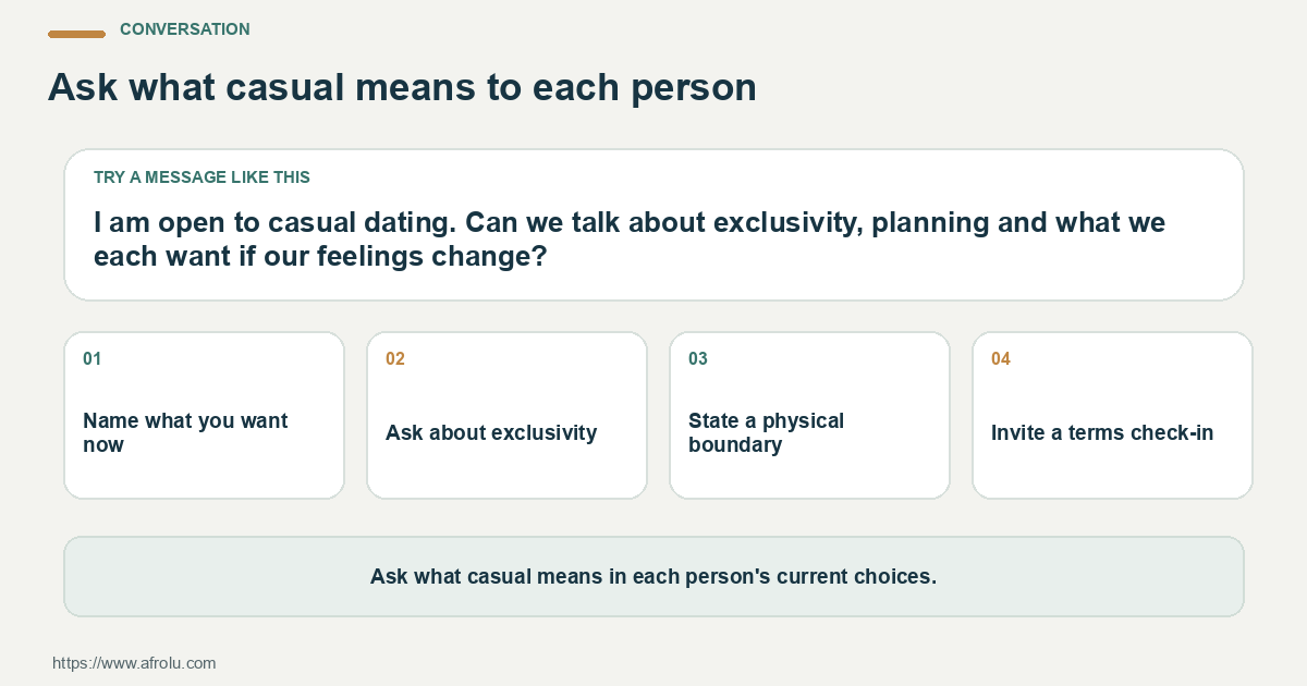 Conversation for diaspora low pressure casual: Name what you want now; Ask about exclusivity; State a physical boundary.