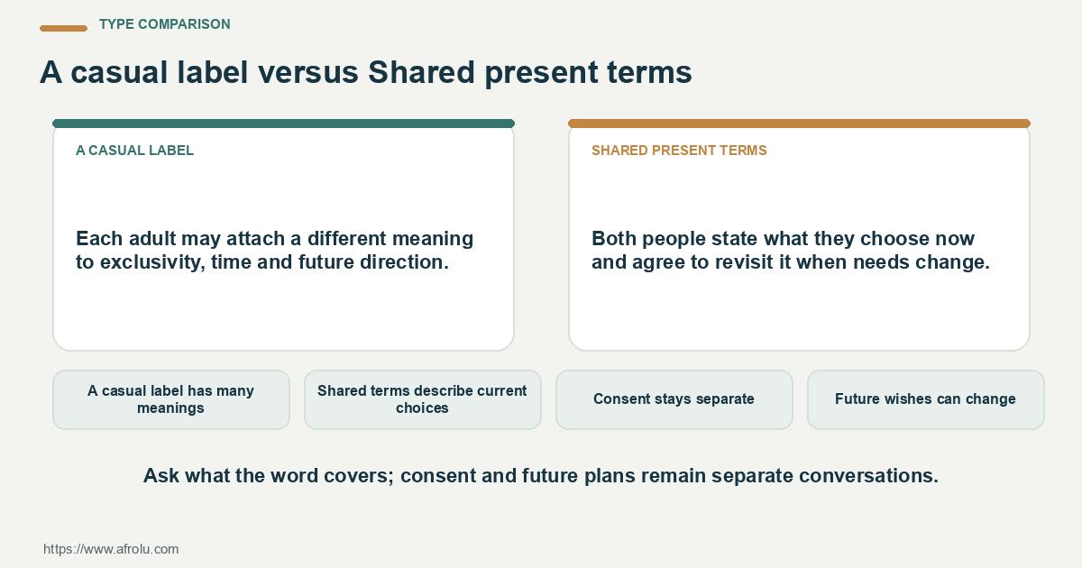 Type Comparison for diaspora low pressure casual: A casual label has many meanings; Shared terms describe current choices; Consent stays separate.