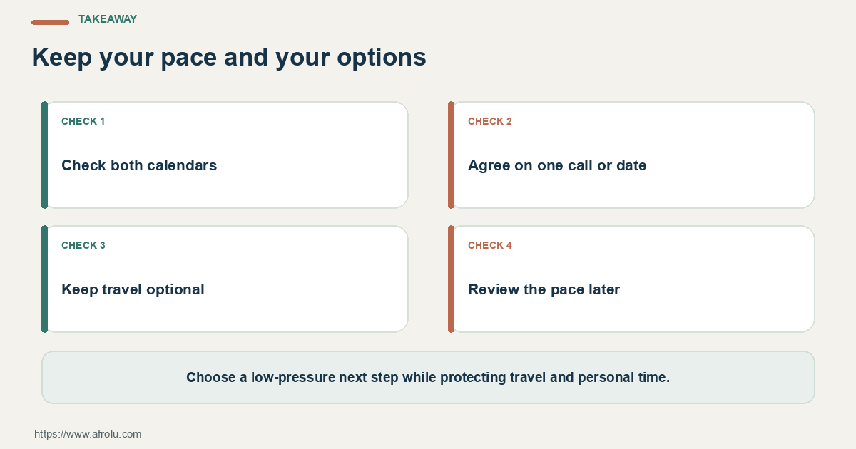 Takeaway for diaspora low pressure long distance: Check both calendars; Agree on one call or date; Keep travel optional.