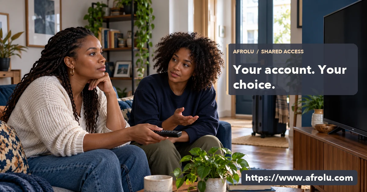 Two adults discuss a television account at home with an unbranded screen.
