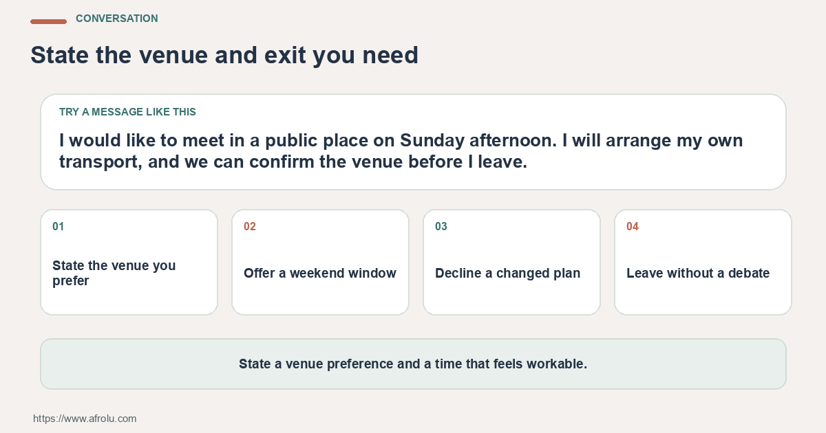 Conversation for diaspora safety weekend: State the venue you prefer; Offer a weekend window; Decline a changed plan.